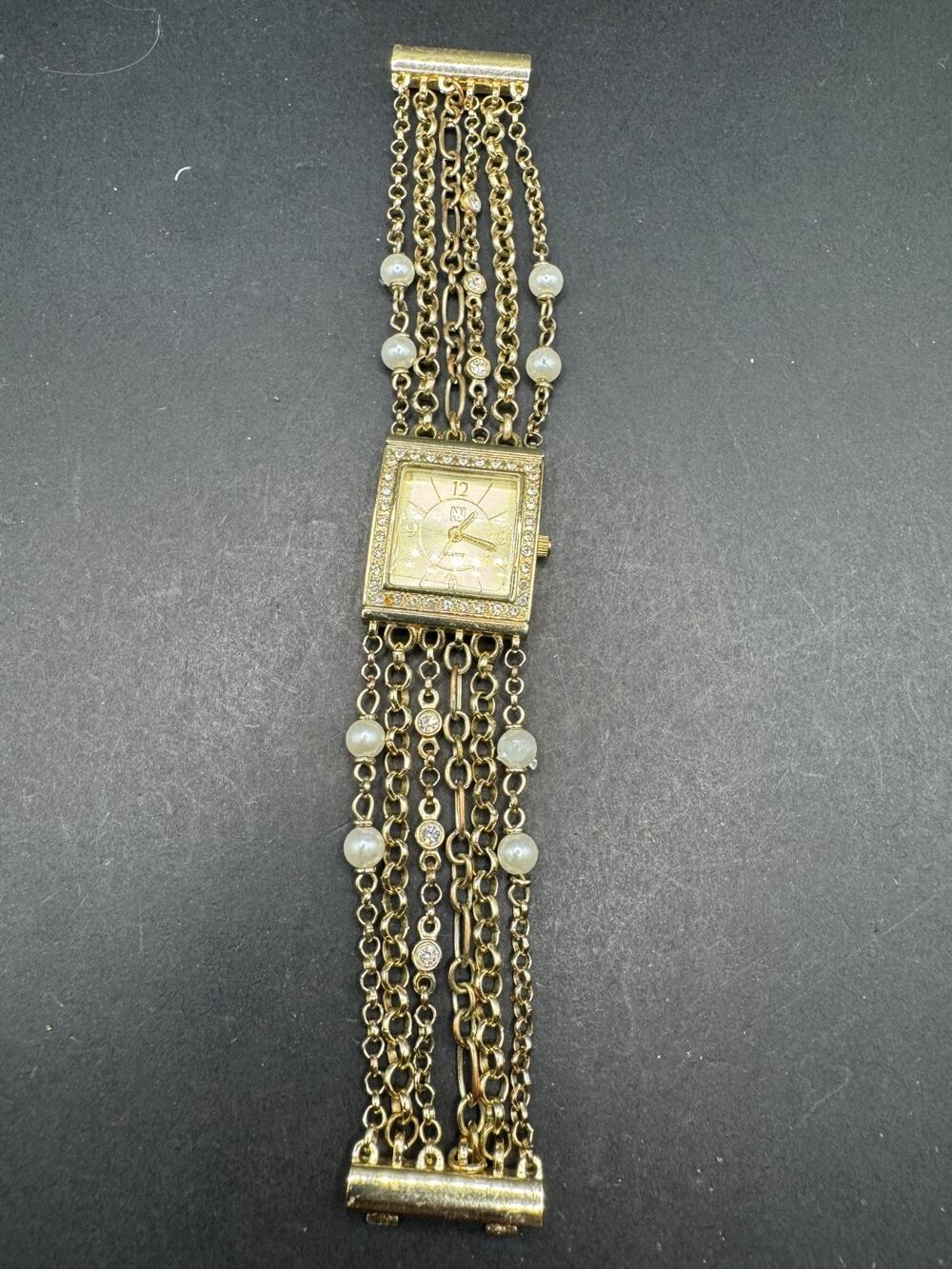 NY&C Ladies Watch Gold Tone Square Face Rhinestone Bezel Bracelet Pearl/Gem